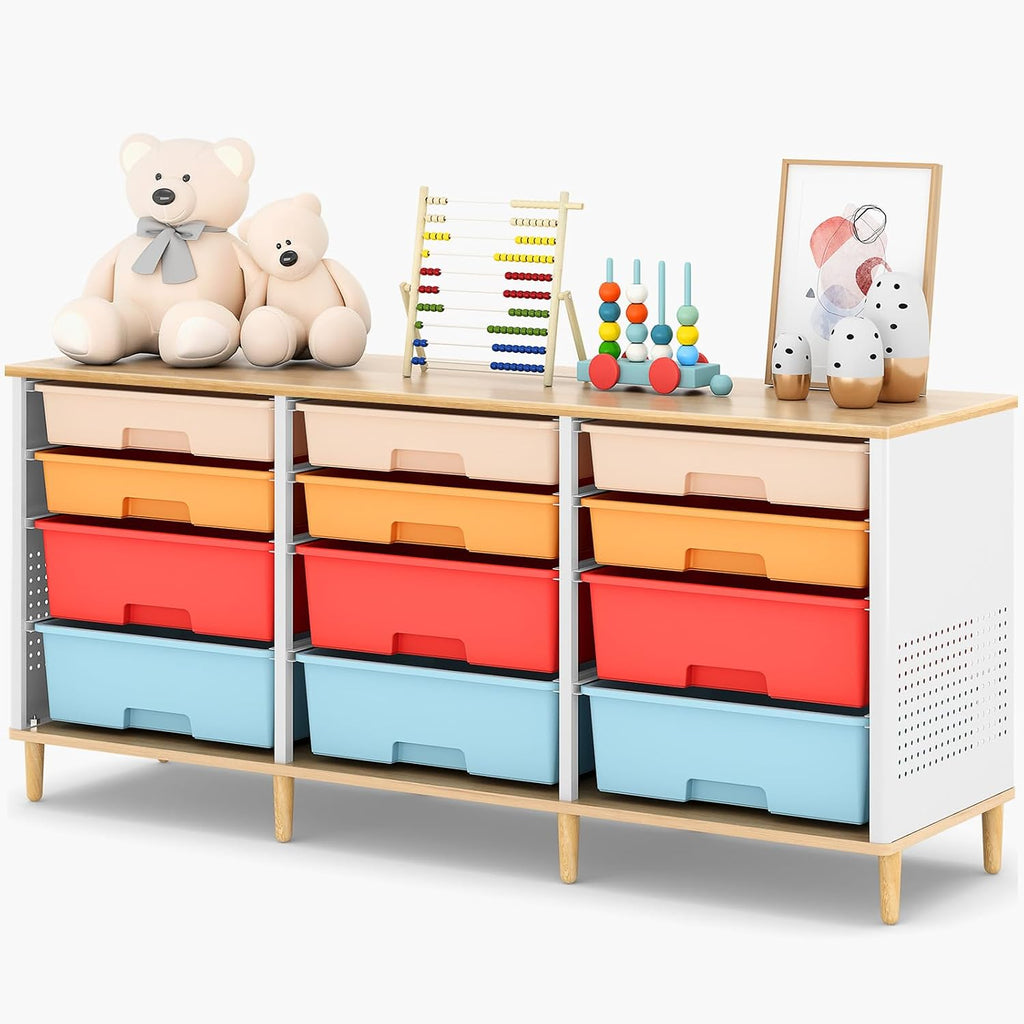 12 Drawers Storage Cabinet with Wooden Top and Plastic Bins, Toy Storage Organizer Toy Shelf Storage Chest Cubby Organizer for Home, Office, Playroom, Classroom & Craft Room Storage (Multicolored)