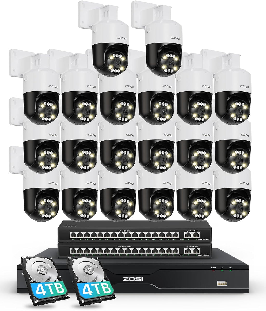 ZOSI 4K 32 Channel PT PoE Security Camera System, Auto Human Tracking, Person Vehicle Detection, 2 Way Audio, 20pcs 8MP Pan/Tilt Spotlight Outdoor Cameras, 32CH 4K NVR with 8TB HDD for 24/7 Recording