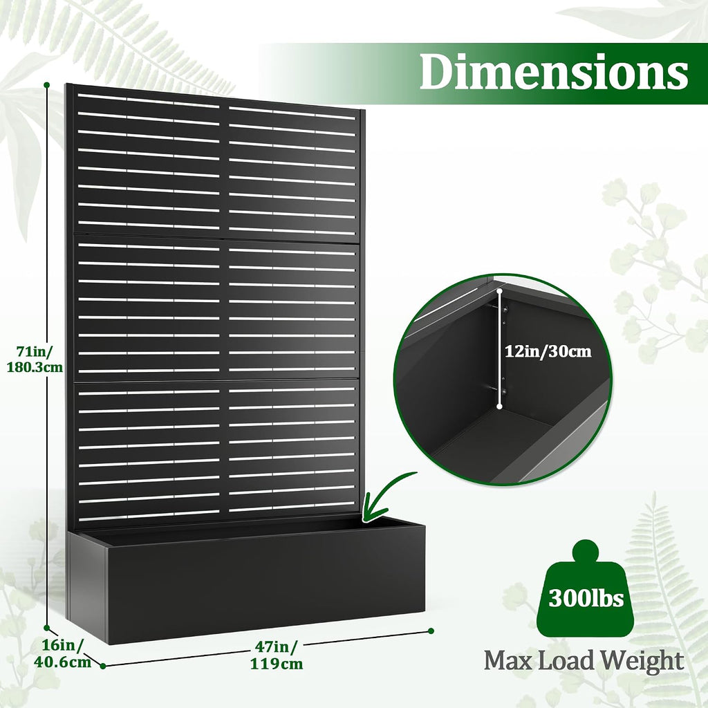 TUYOHW Metal Raised Garden Bed with Trellis, 2 in 1 Trellis with Planter Box & Privacy Screen for Climbing Plants, Vine, Outdoor Standing Flower Beds with Drainage Holes, 47' L x 17' W x 71' H, Black