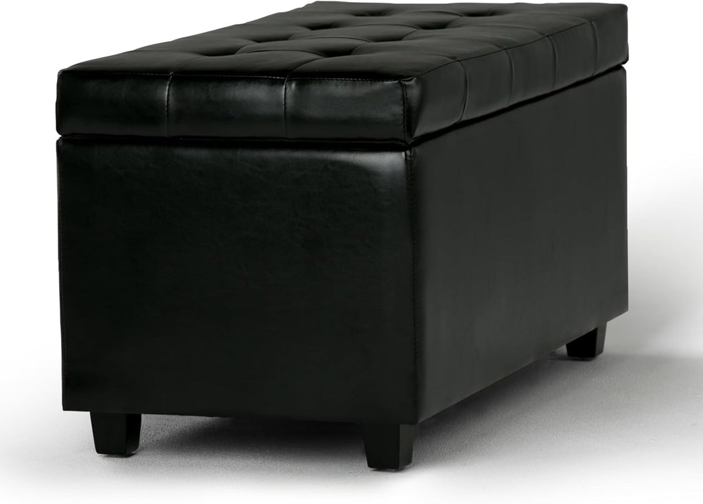 SIMPLIHOME Cosmopolitan Storage Ottoman - 34 inch Wide Upholstered Vegan Leather Rectangle Storage Ottoman Bench in Midnight Black, Transitional Tufted Ottoman for Living Room with Lift-Up Lid