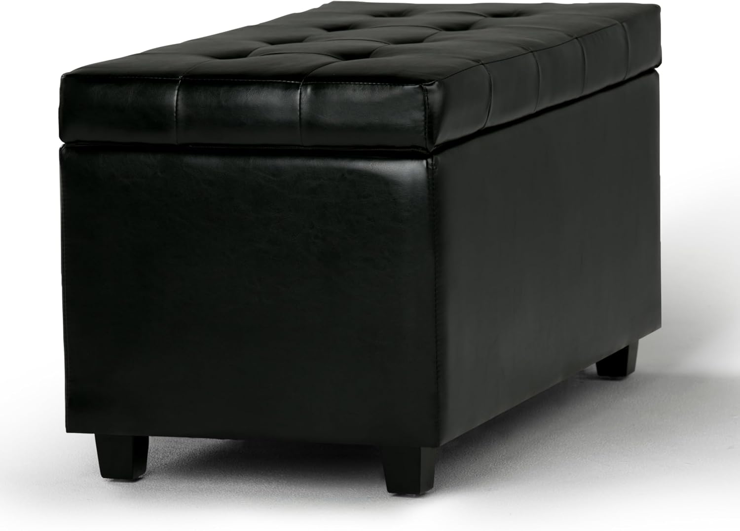 SIMPLIHOME Cosmopolitan Storage Ottoman - 34 inch Wide Upholstered Vegan Leather Rectangle Storage Ottoman Bench in Midnight Black, Transitional Tufted Ottoman for Living Room with Lift-Up Lid