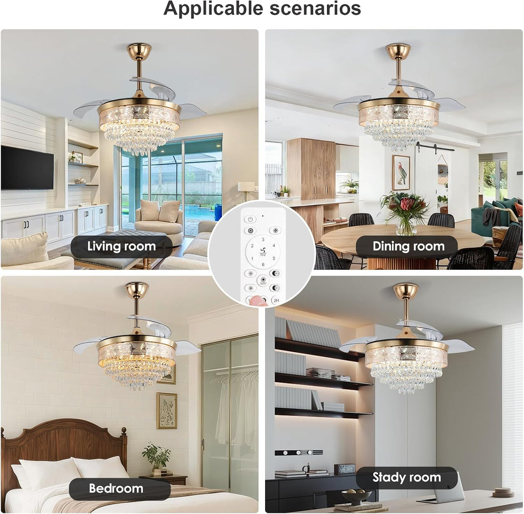 42' Gold Crystal Fandelier Ceiling Fan with Lights, Retractable Blades, Remote Dimmable LED, 3 CCT Color Temp, Memory, Reversible DC Motor, 6 Speed, Timer, Indoor Bedroom Living Room