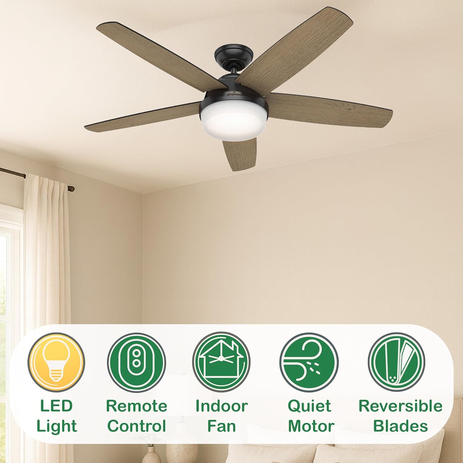 Hunter Fan 52 inch Contemporary Matte Black Indoor Ceiling Fan with Light Kit and Remote Control (Renewed)
