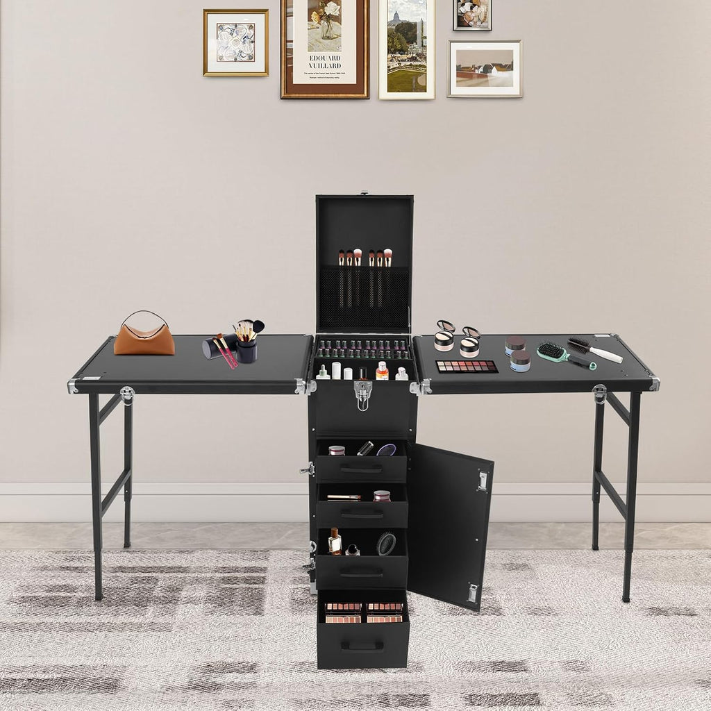 Professional Rolling Makeup Case, Foldable Nail Tables with Lock, Travel Cosmetic Trolley Storage Organizer with Drawers & 2 Foldable Tabletops, Manicure for Artist (Black 2)