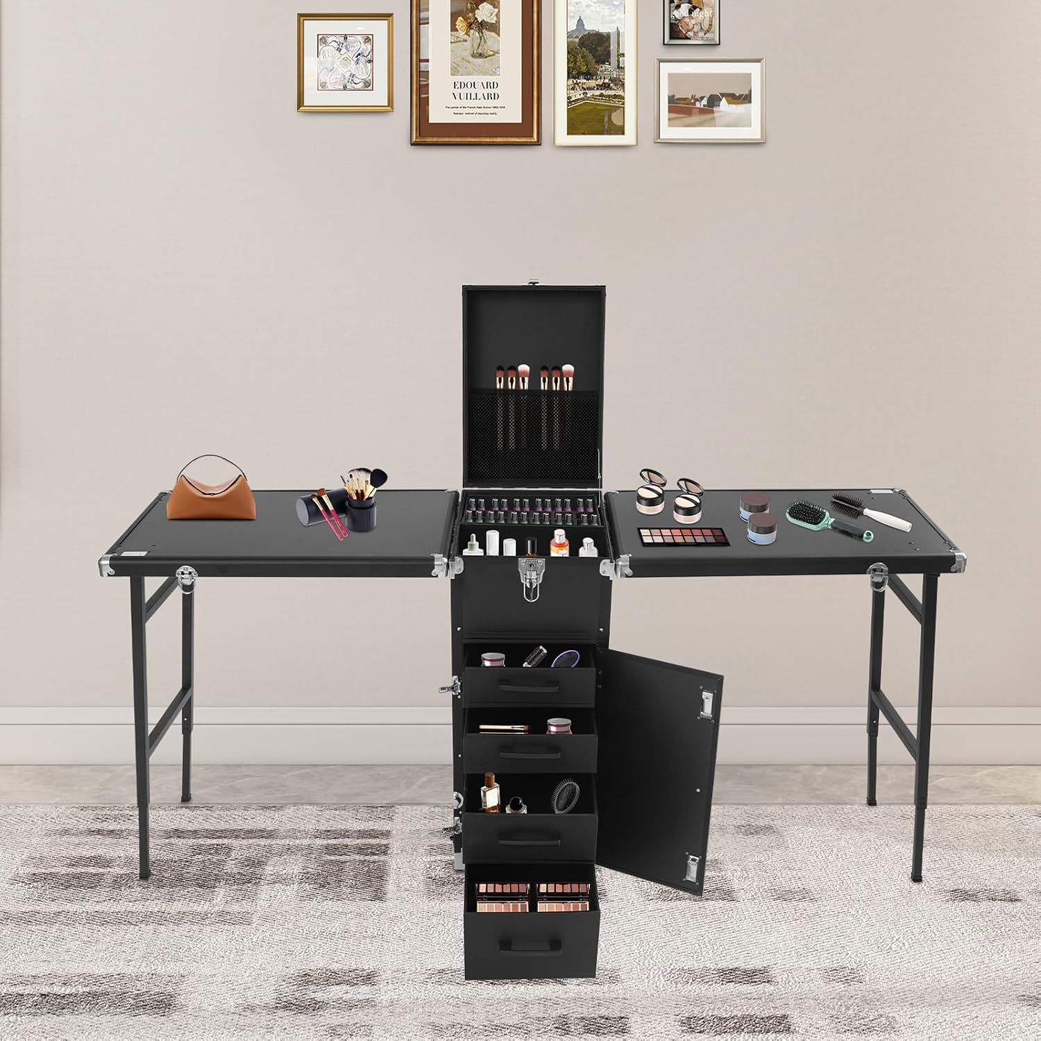 Professional Rolling Makeup Case, Foldable Nail Tables with Lock, Travel Cosmetic Trolley Storage Organizer with Drawers & 2 Foldable Tabletops, Manicure for Artist (Black 2)
