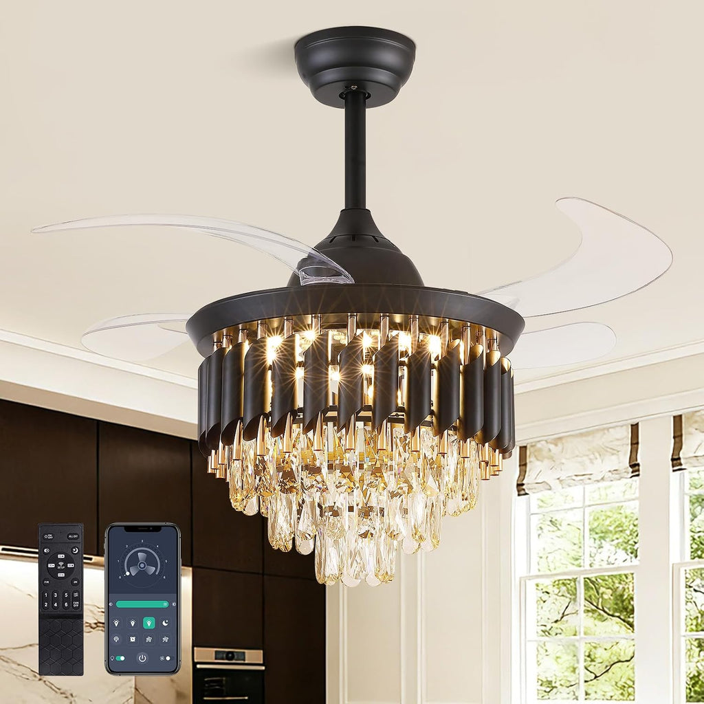 36 Inch Luxury Crystal Ceiling Fan with Light, Dimmable Ceiling Fans with Lights and Remote, Luxury Retractable Chandelier Fan for Living Room Dinning Room Kitchen