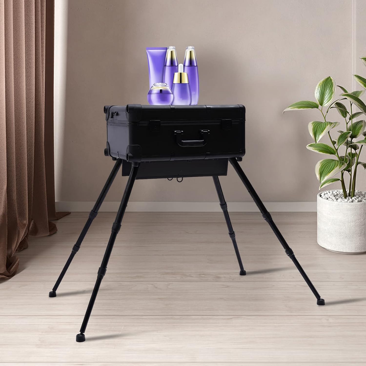3-Tier Rolling Makeup Train Case, Aluminum Salon Cosmetic Trolley Organizer with LED Light & Mirror & 4 Wheels Adjustable Height Professional Large Storage Travel Beauty Luggage Black