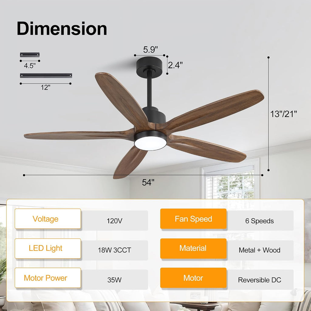 WINGBO 54' Ceiling Fan with Light - 5 Carved Solid Wood Blades, 6-Speed Reversible DC Motor, Dimmable, 3CCT, Noiseless Remote Control Ceiling Fans with Lights for Bedroom Living Room, Black and Wood