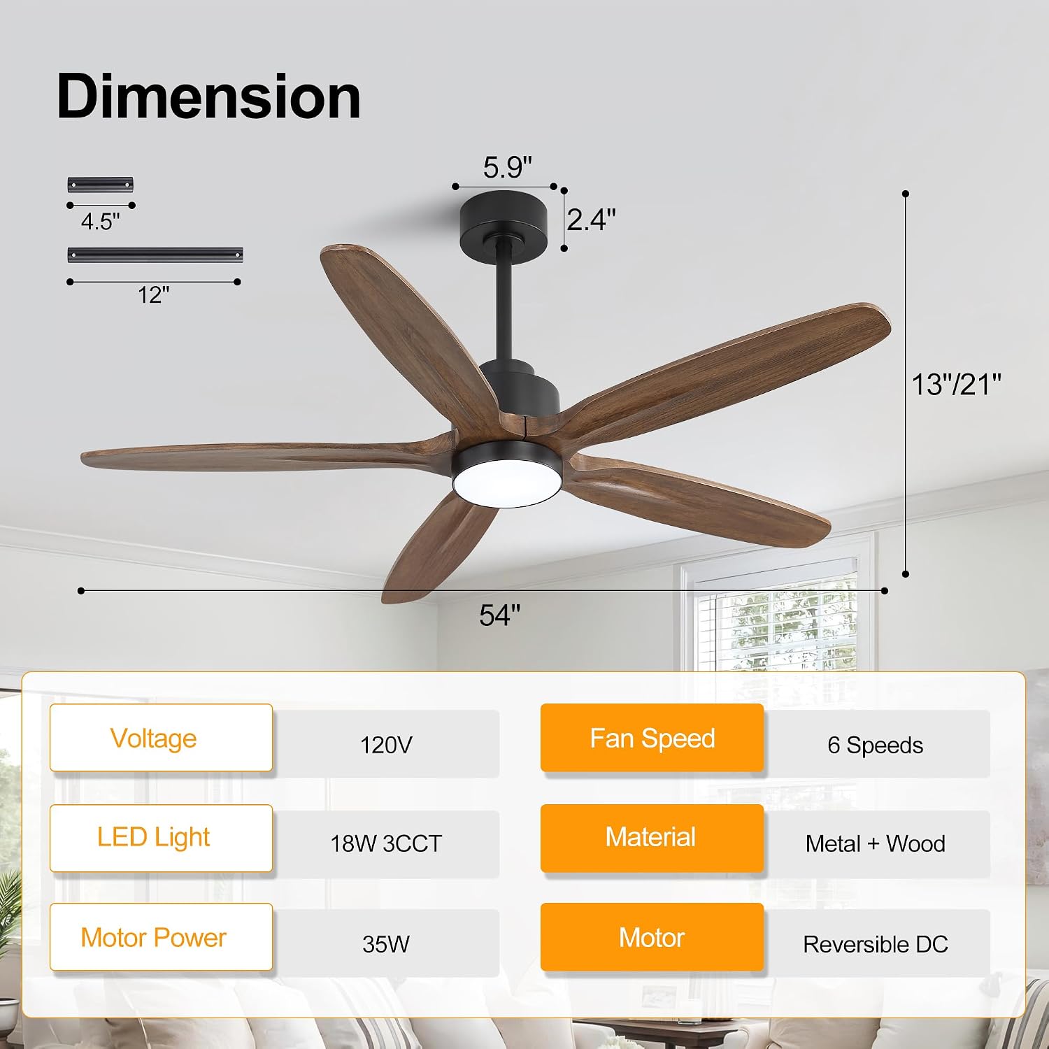 WINGBO 54' Ceiling Fan with Light - 5 Carved Solid Wood Blades, 6-Speed Reversible DC Motor, Dimmable, 3CCT, Noiseless Remote Control Ceiling Fans with Lights for Bedroom Living Room, Black and Wood