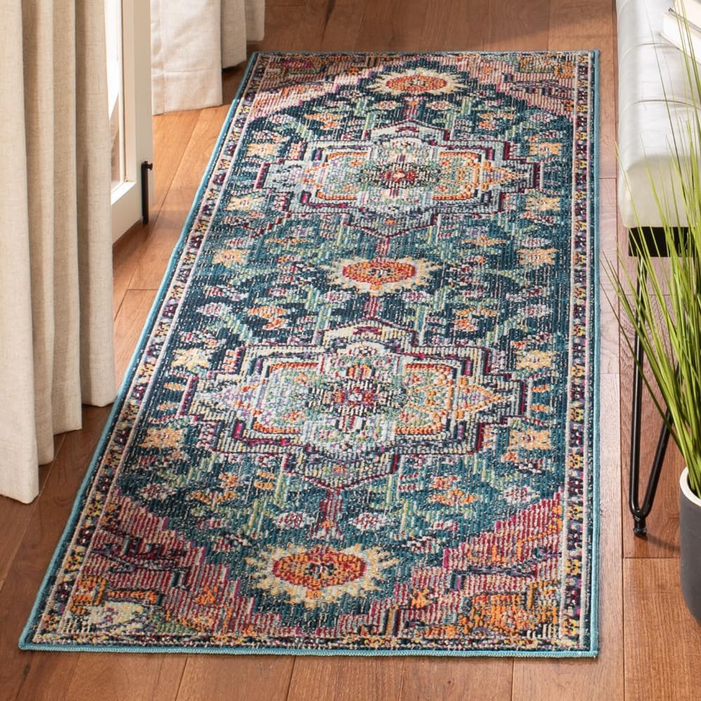 SAFAVIEH Crystal Collection Runner Rug - 2'2' x 11', Teal & Rose, Medallion Distressed Design, Non-Shedding & Easy Care, Ideal for High Traffic Areas in Living Room, Bedroom (CRS501T)