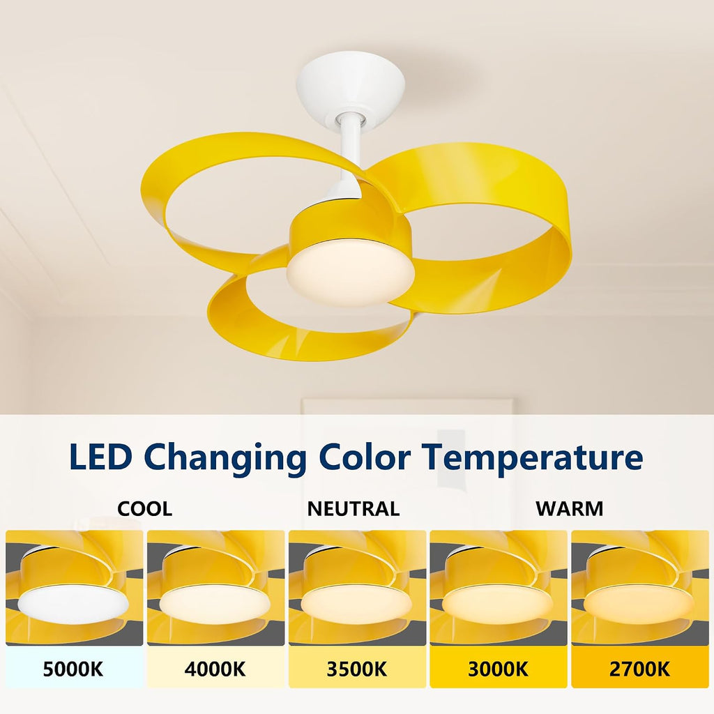 FANX 22 Inch Ceiling Fan with Light and Remote, Quiet DC Motor, Dimmable LED, Reversible 3-Speed Control, Easy Installation Downrod Fan for Small Rooms (Yellow)