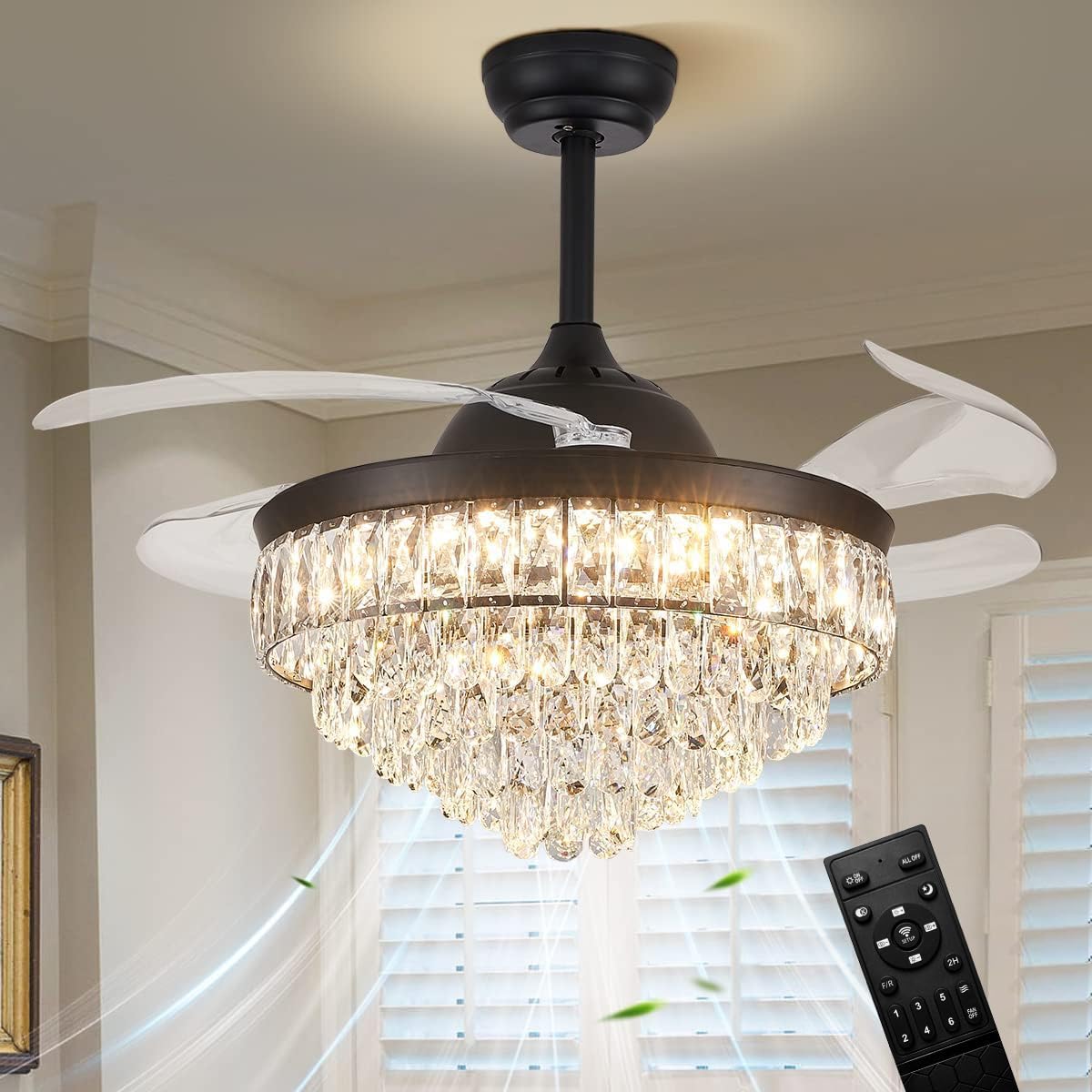 CLAIRDAI 42'' Crystal Fandelier Ceiling Fan with Lights, Stepless Dimmable LED Chandelier Fan, Retractable Blades, Remote & APP Control, 6-Speed Flush Mount for Bedroom Living Room Dining Room