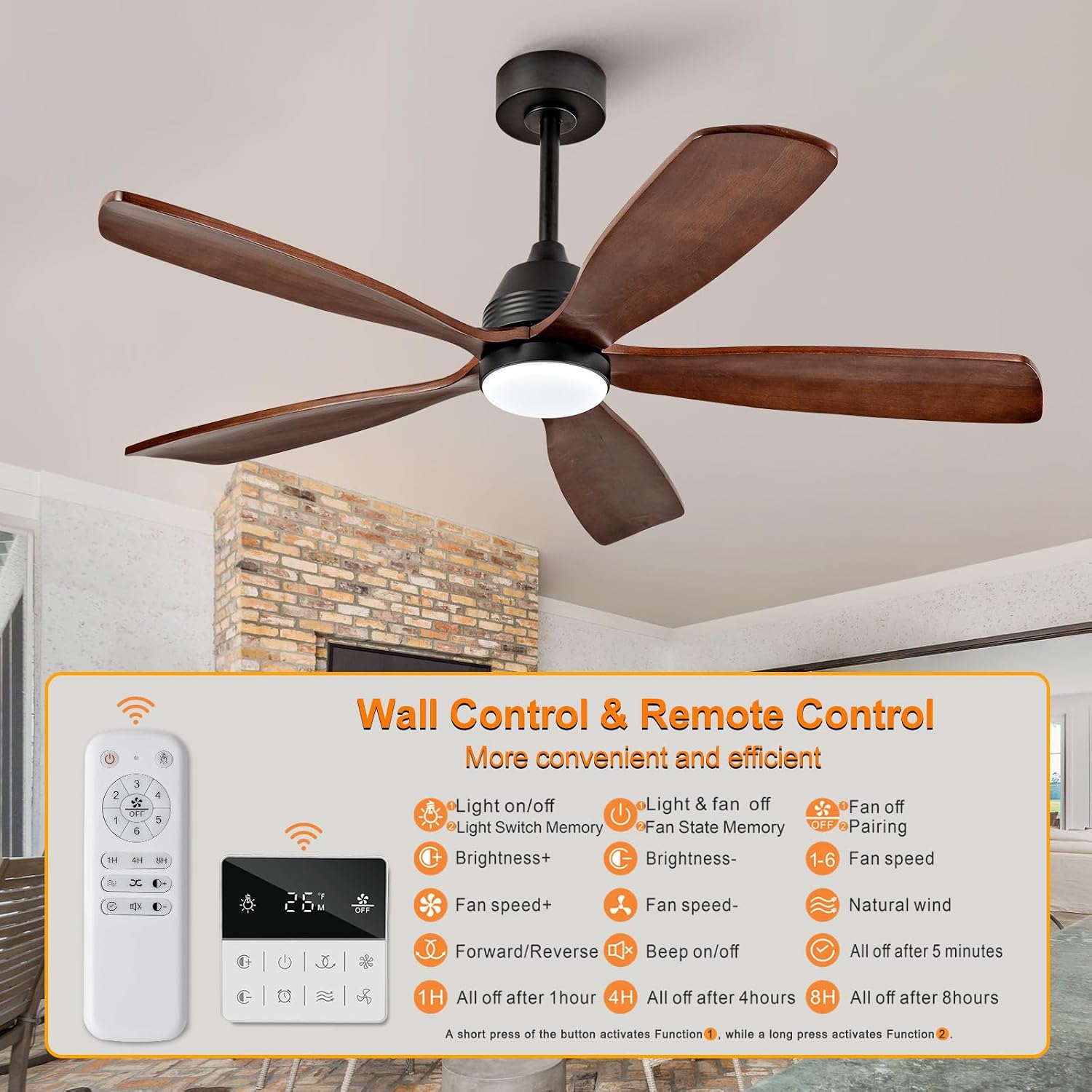52 Inch Ceiling Fans with Lights and Remote, 5 Blades Wood Ceiling Fan with Light, Dimmable, Wall Switch, Reversible DC Motor, Modern Indoor Outdoor Ceiling Fan for Patio Bedroom