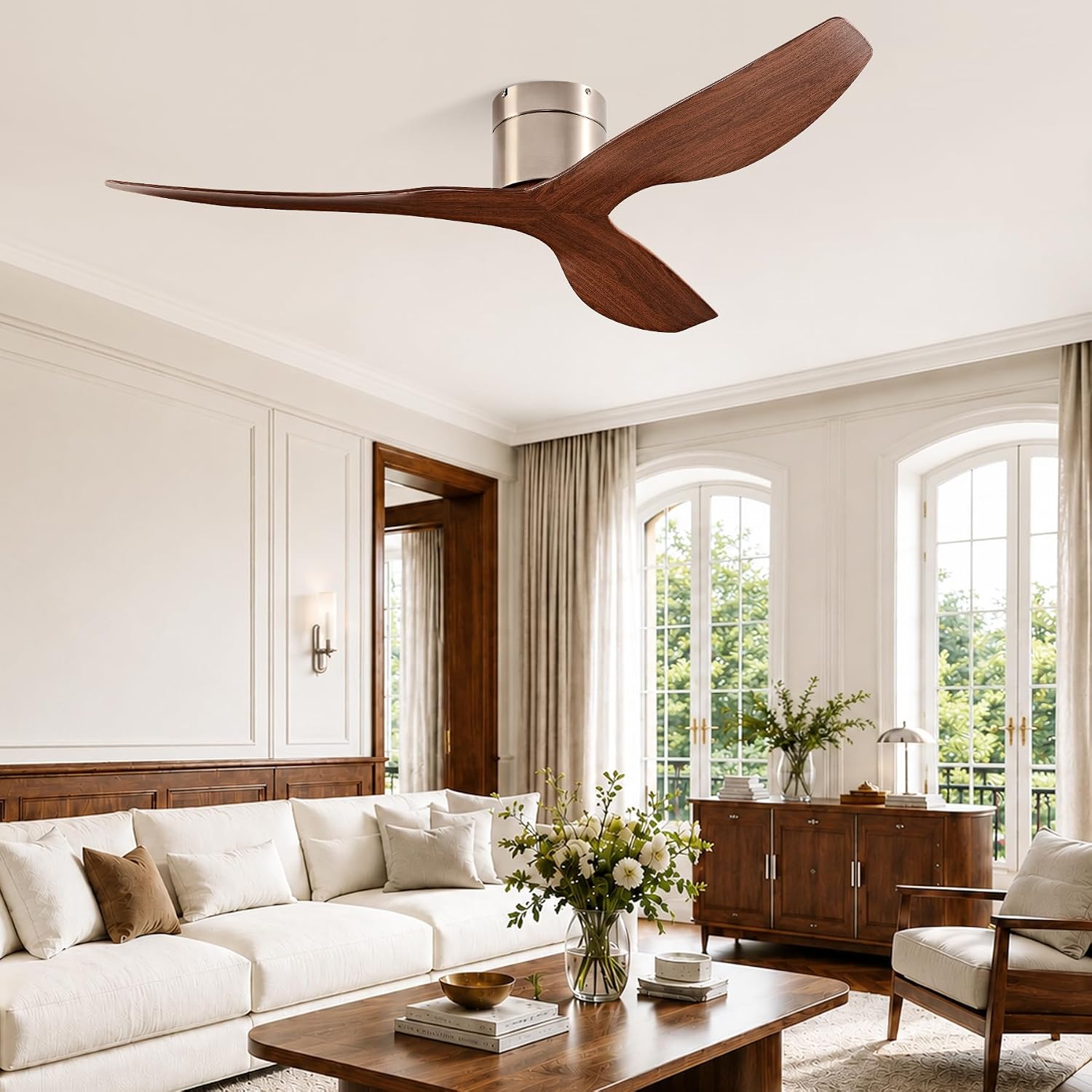 52-Inch Ceiling Fan Without Light, Modern Low-Profile Flush Mount Fan with Remote, 6-Speed Reversible Quiet DC Motor,for Balcony, Living Room, Bedroom (No Light)