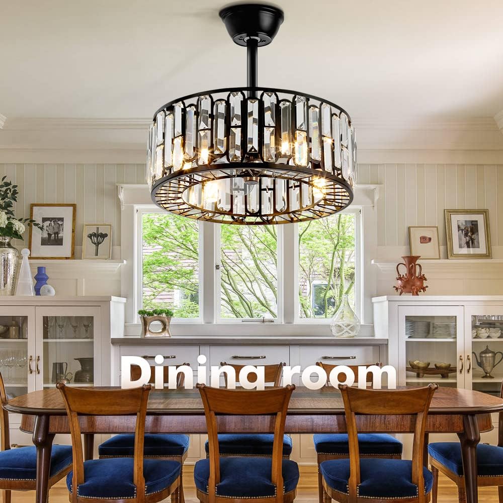 18' Modern Enclosed Bladeless Ceiling Fan with Light and Remote, Industrial Black Caged Fandelier 3 Speeds Timer Crystal Chandelier Fan for Farmhouse Kitchen Island