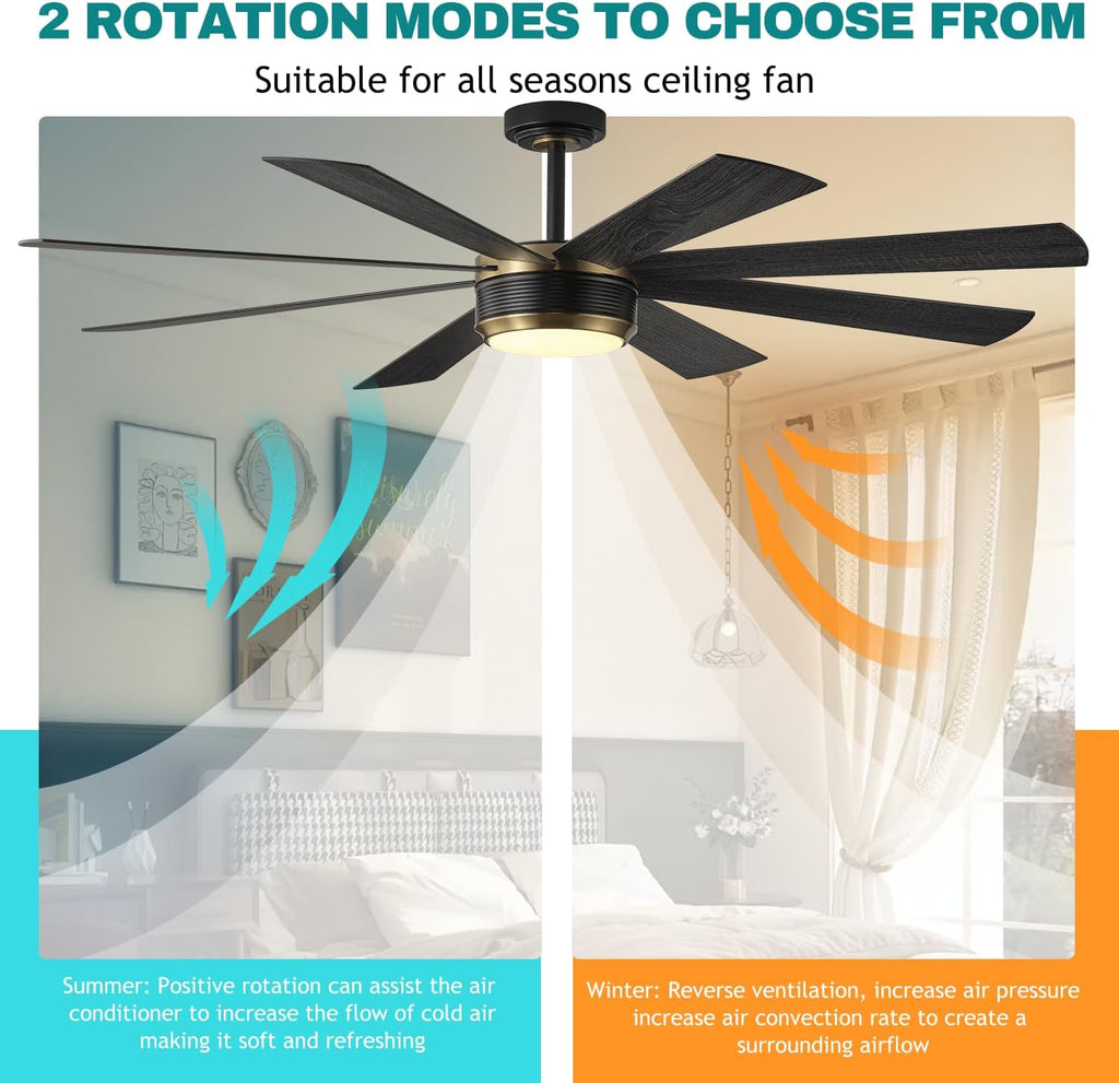 SHOWDI Ceiling Fans with Lights and Remote, Black Gold 60 in | 2 Blade Color, Metal Material, App Remote Control, Timer, Reversible, 3CCT, Dimmable for Bedroom, Living room, Indoor