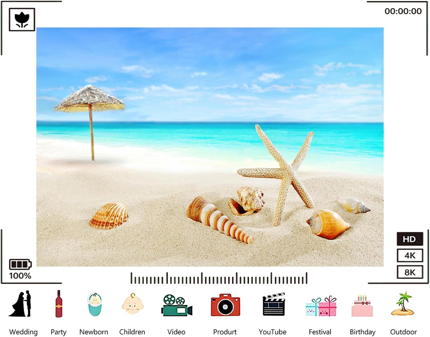 Trykid 20x10ft Tropical Beach Starfish Shells Backdrop Thatched Umbrella Clear Water Photography Background Coastal Treasure Tapestry Party Decoration Photo Studio Prop Fabric
