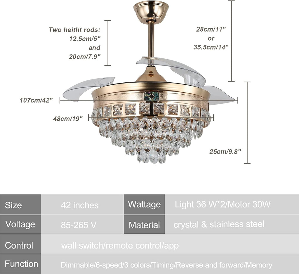 42' Modern Crystal Chandelier Ceiling Fan with Lights Gold Dimmable Fandeliers LED Invisible Fandelier Crystal Chandelier Fan 3 in 1 Color with Memory Function