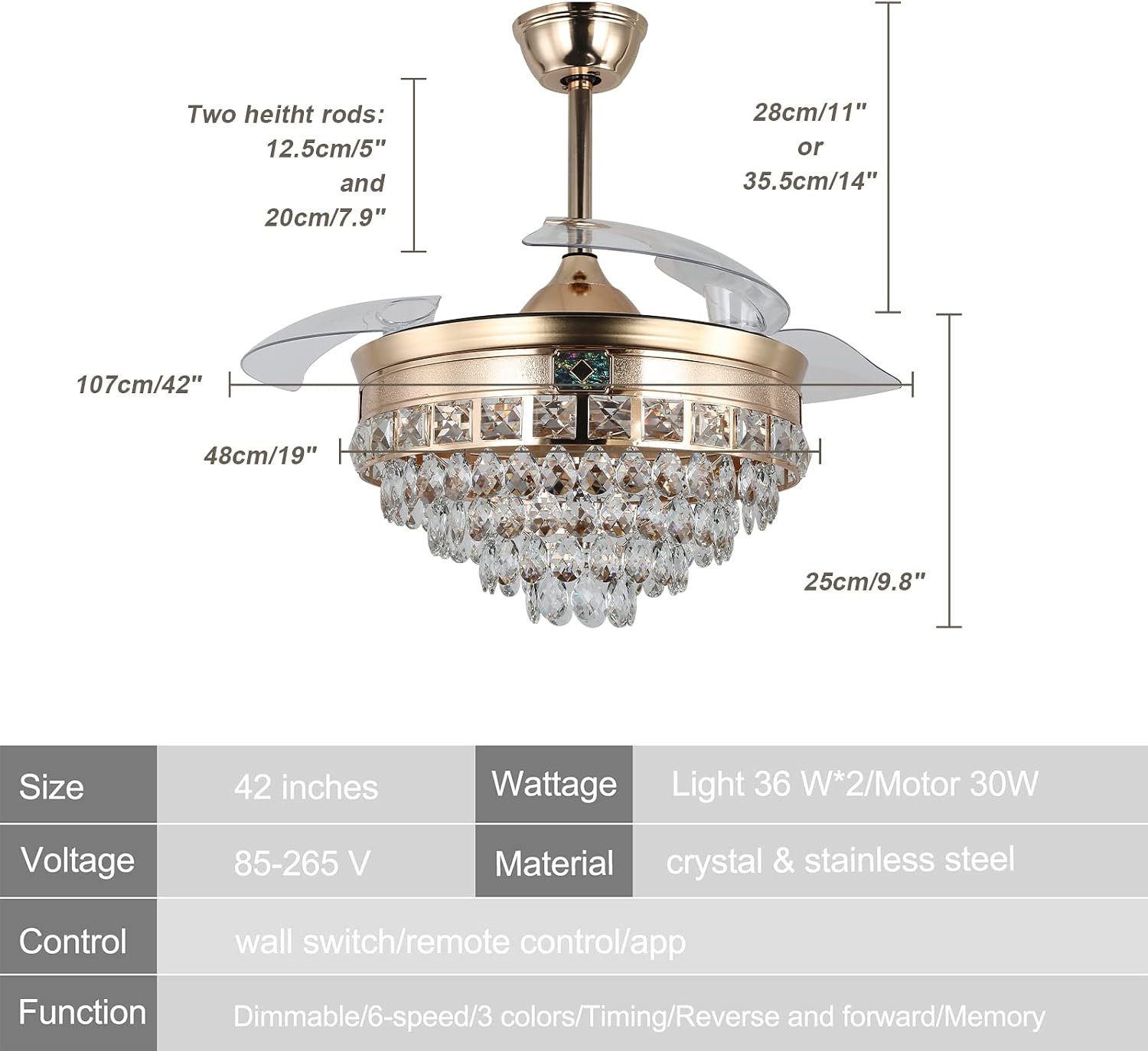 42' Modern Crystal Chandelier Ceiling Fan with Lights Gold Dimmable Fandeliers LED Invisible Fandelier Crystal Chandelier Fan 3 in 1 Color with Memory Function