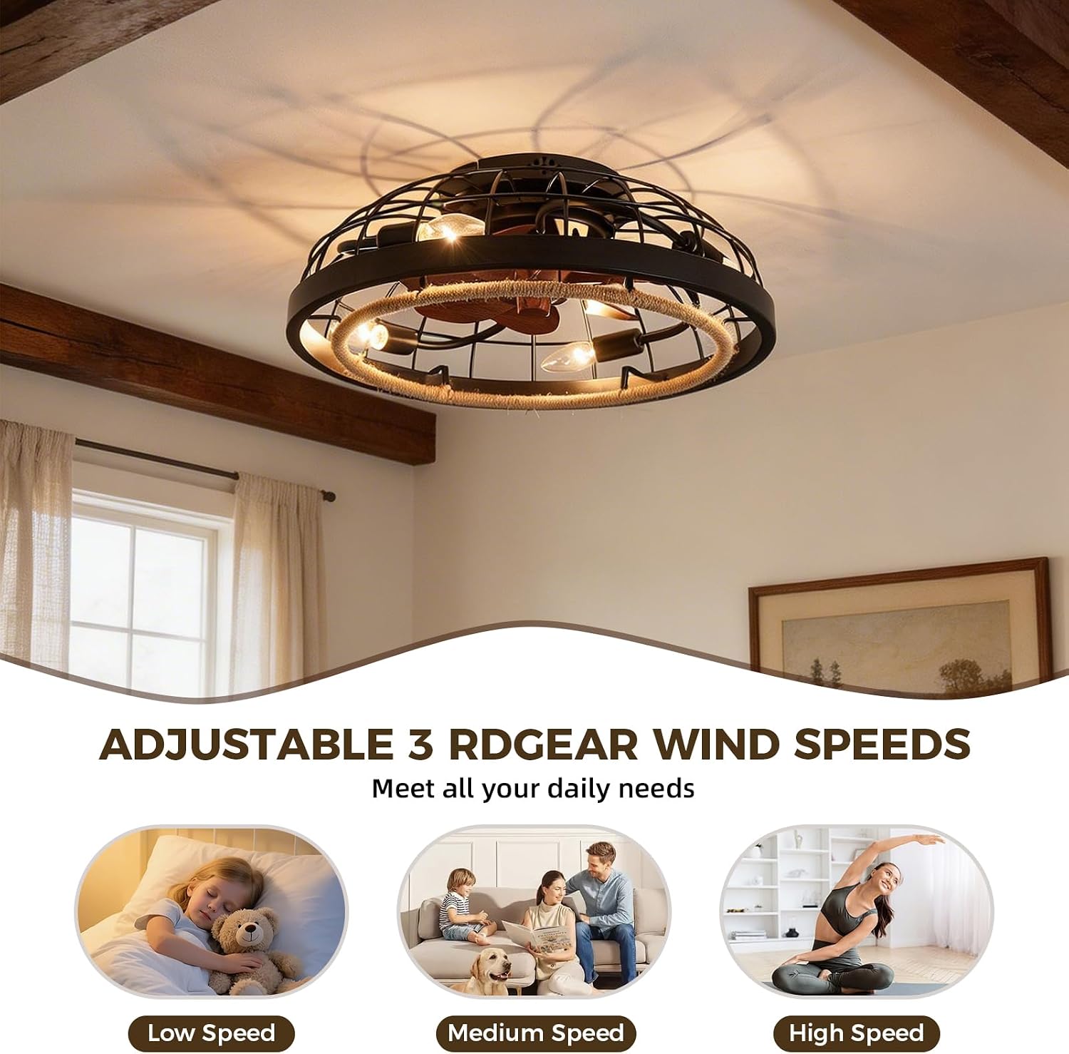 20' Boho Black Caged Ceiling Fan with Lights and Remote, Rustic Flush Mount Bladeless Ceiling Fan Low Profile, Small Farmhouse Hand Woven Rattan Ceiling Fan for Bedroom, Kitchen, Indoor