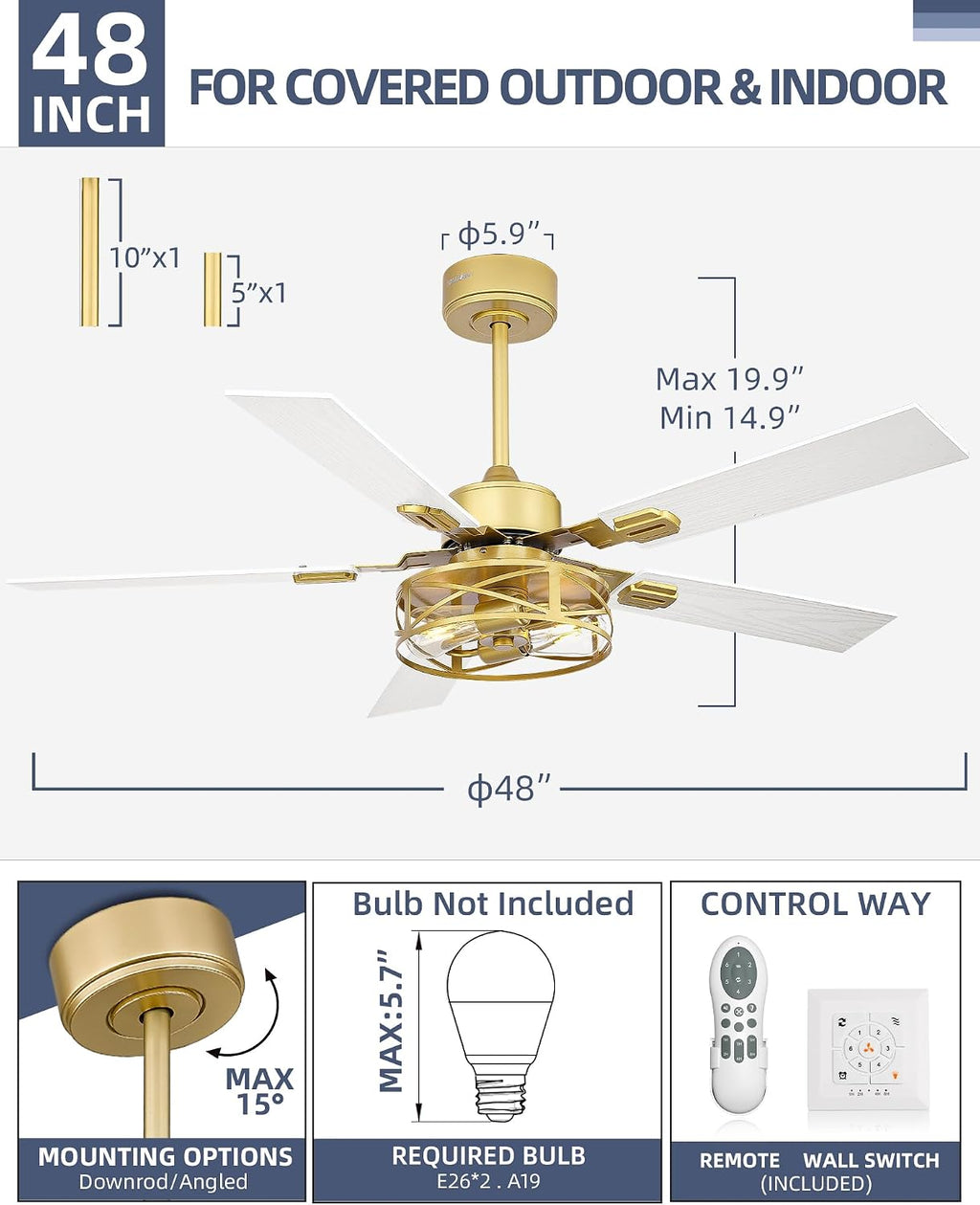 YOUKAIN 48 Inch Ceiling Fans with Lights, Farmhouse Ceiling Fans with Wall Switch and Remote Control, 5-Reversible, Gold Finish, Outdoor Ceiling Fan for Cover Patio, 48-YJ632-GDW-WS