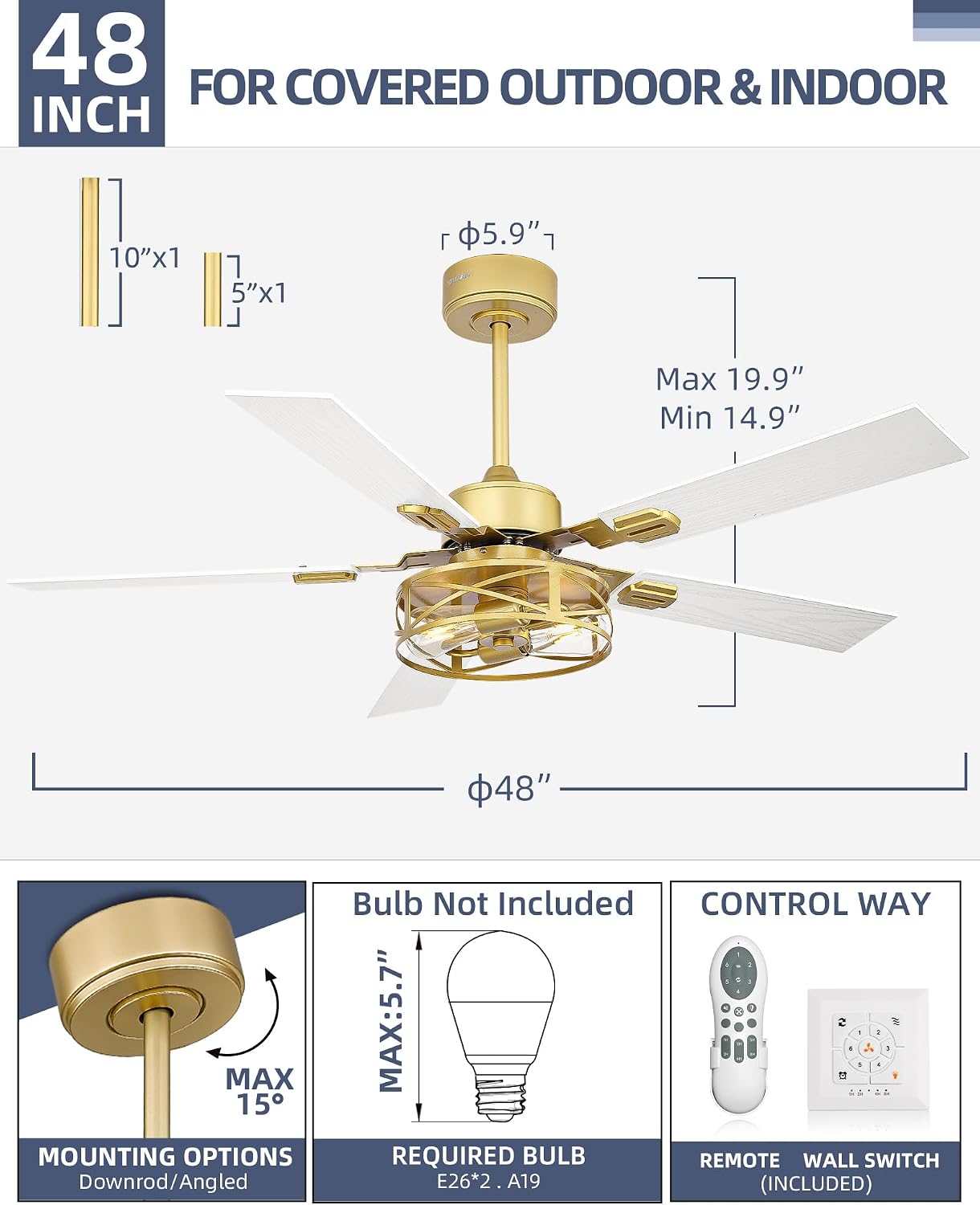 YOUKAIN 48 Inch Ceiling Fans with Lights, Farmhouse Ceiling Fans with Wall Switch and Remote Control, 5-Reversible, Gold Finish, Outdoor Ceiling Fan for Cover Patio, 48-YJ632-GDW-WS