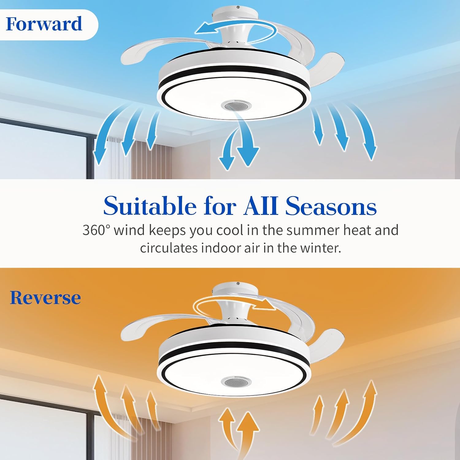 42'' Retractable Ceiling Fan with Lights, Smart Ceiling Fan Light with Bluetooth Speaker, App Control for Dimming & RGB Color Change Reversible Bedroom Living Room
