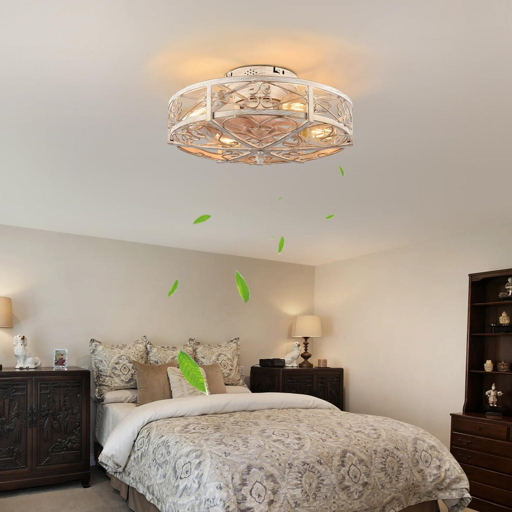 20' Caged Ceiling Fan with Light,Vintage Rustic Farmhouse Kitchen Decor,Bladeless Ceiling Fans with Lights and Remote,Low Profile Fan for Bedroom,Reversible 6 Speeds Motor,4 E26 Bulbs Included