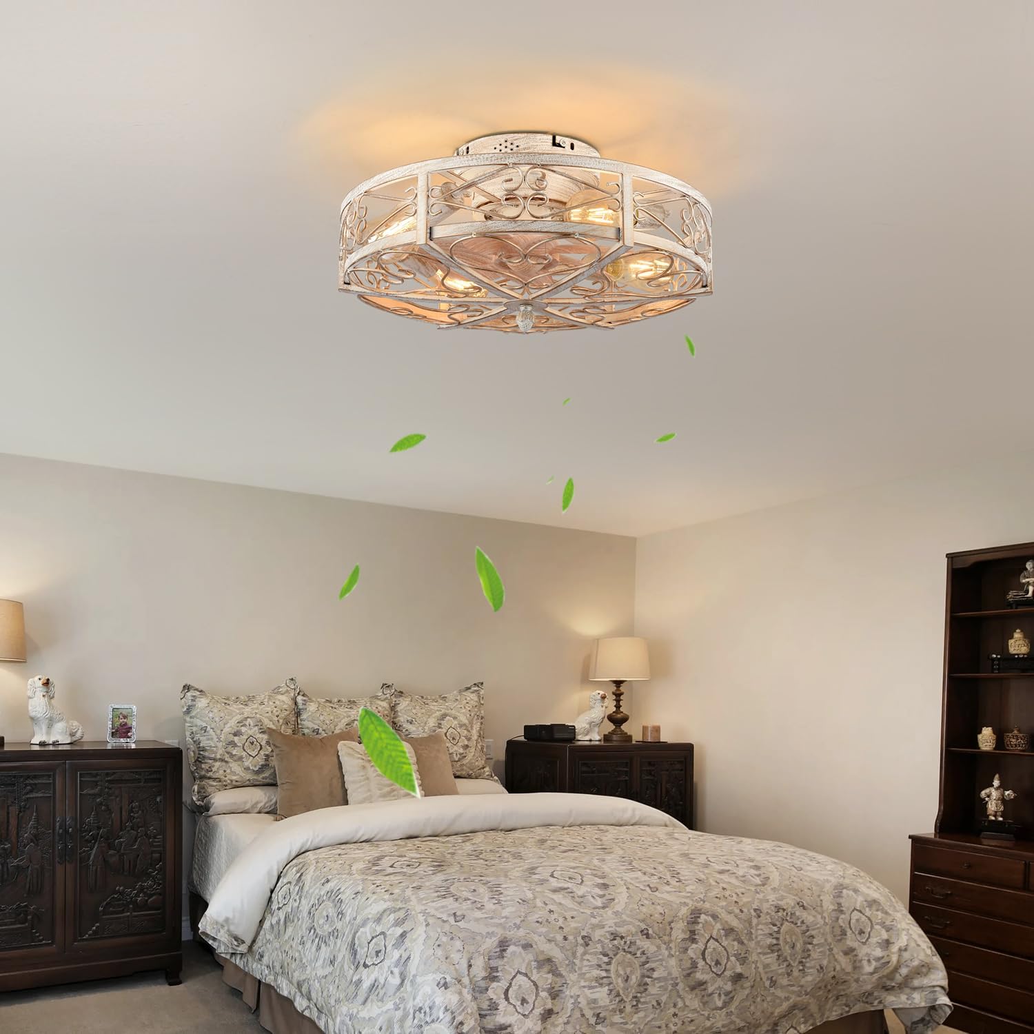 20' Caged Ceiling Fan with Light,Vintage Rustic Farmhouse Kitchen Decor,Bladeless Ceiling Fans with Lights and Remote,Low Profile Fan for Bedroom,Reversible 6 Speeds Motor,4 E26 Bulbs Included