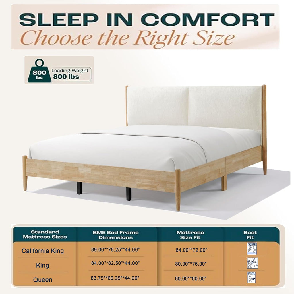 Christopher Knight Home Raven Modern California King Size Bed Frame with Upholstered Headboard, Natural Wood California King Size Platform Bed Frame, No Box Spring Needed, Easy Assembly, White+Natural