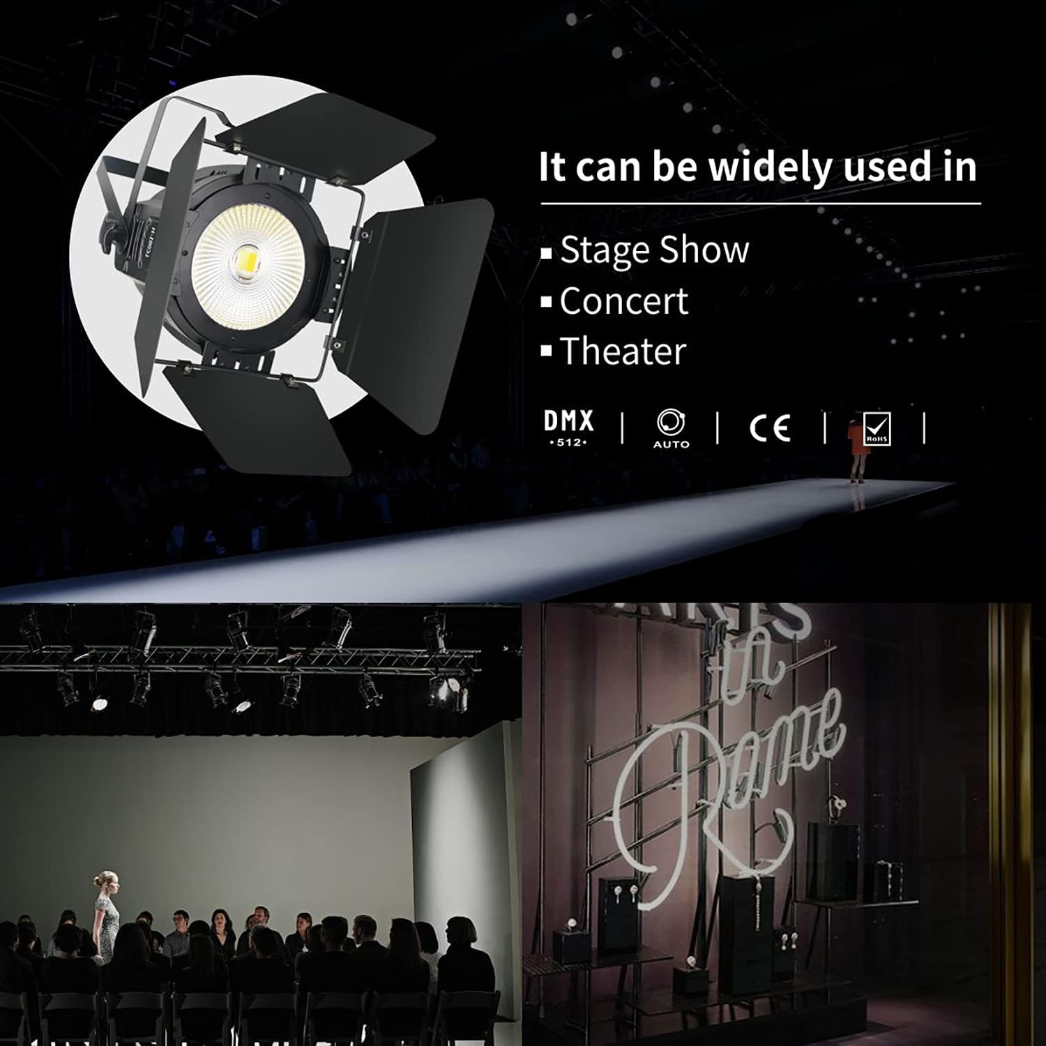 StageLights with Barn Doors - 100W COB LED Spotlights, Warm & Cold White Par Lights - DMX/Master-Slave DJ Lights, Church & Theater Spotlights