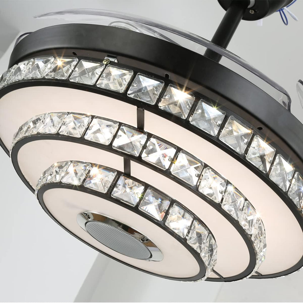 42' Retractable Fandelier Ceiling Fans with Lights Remote Control, Modern Crystal Chandelier with Bluetooth Speaker Reversible Silent Motor 7 Colorul Lighting 6 Speed for Living Room Bedroom