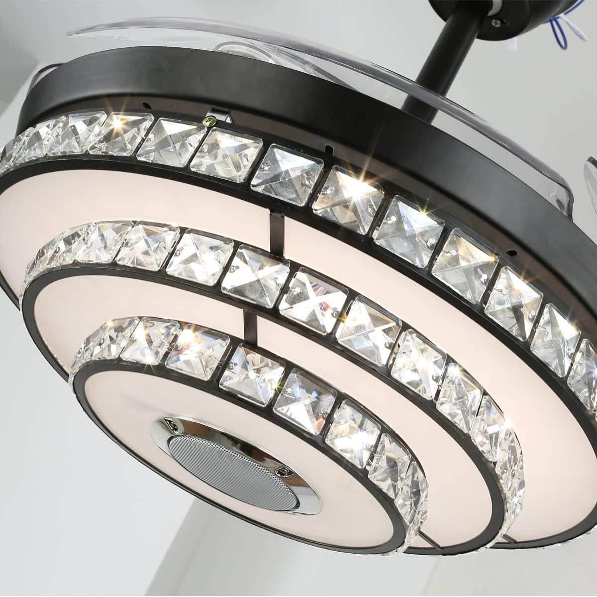 42' Retractable Fandelier Ceiling Fans with Lights Remote Control, Modern Crystal Chandelier with Bluetooth Speaker Reversible Silent Motor 7 Colorul Lighting 6 Speed for Living Room Bedroom