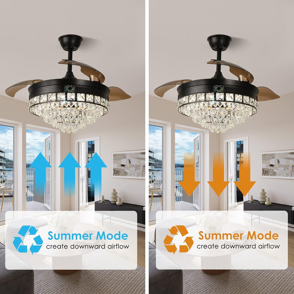 42' Black Crystal Ceiling Fan with Lights, Modern Dimmable Fandelier with Remote, LED Retractable Blades 3-Color with Memory Invisible Crystal Chandelier Fan for Living Room Dining Room