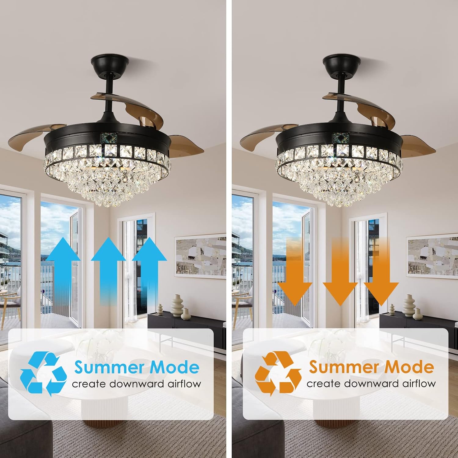 42' Black Crystal Ceiling Fan with Lights, Modern Dimmable Fandelier with Remote, LED Retractable Blades 3-Color with Memory Invisible Crystal Chandelier Fan for Living Room Dining Room