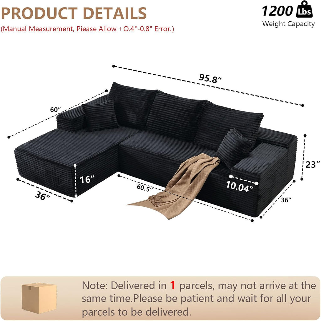 96' Modular Sectional Sofa,Modern Corduroy Cloud Couch,Boneless Couch Upholstered 3-Seater L-Shaped Sofa for Living Room,Couch in a Box No Assembly (Black, Left-Facing Chaise)