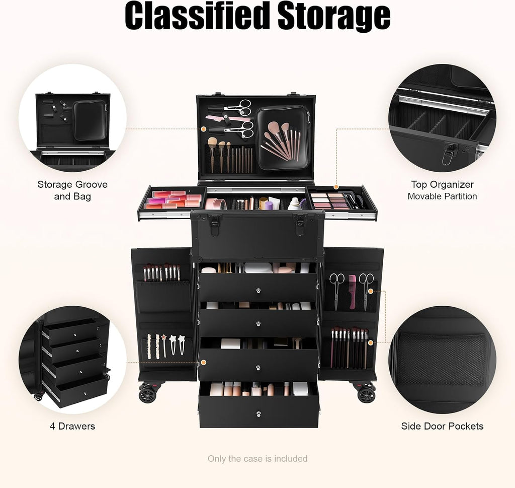 Professional Rolling Makeup Case, Beauty Classified Storage Trolley Travel Train Case with 6* Universal Wheels for Makeup Enthusiast Hair Barbers Stylist Nail Technician Black
