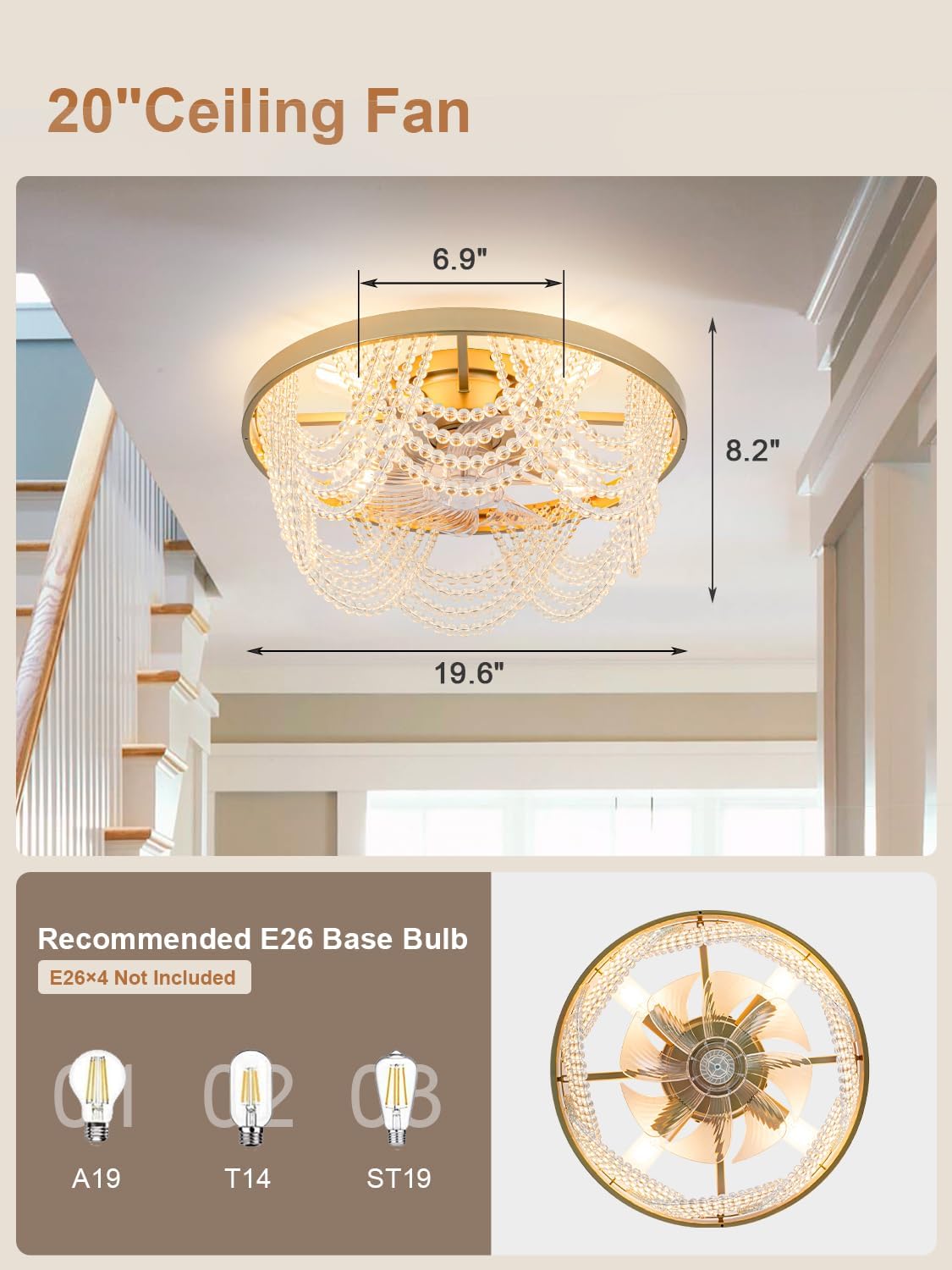20' Gold Crystal Fandelier Ceiling Fan with Light Flush Mount Low Profile Ceiling Fan for Bedroom, Dining Room, Living Room