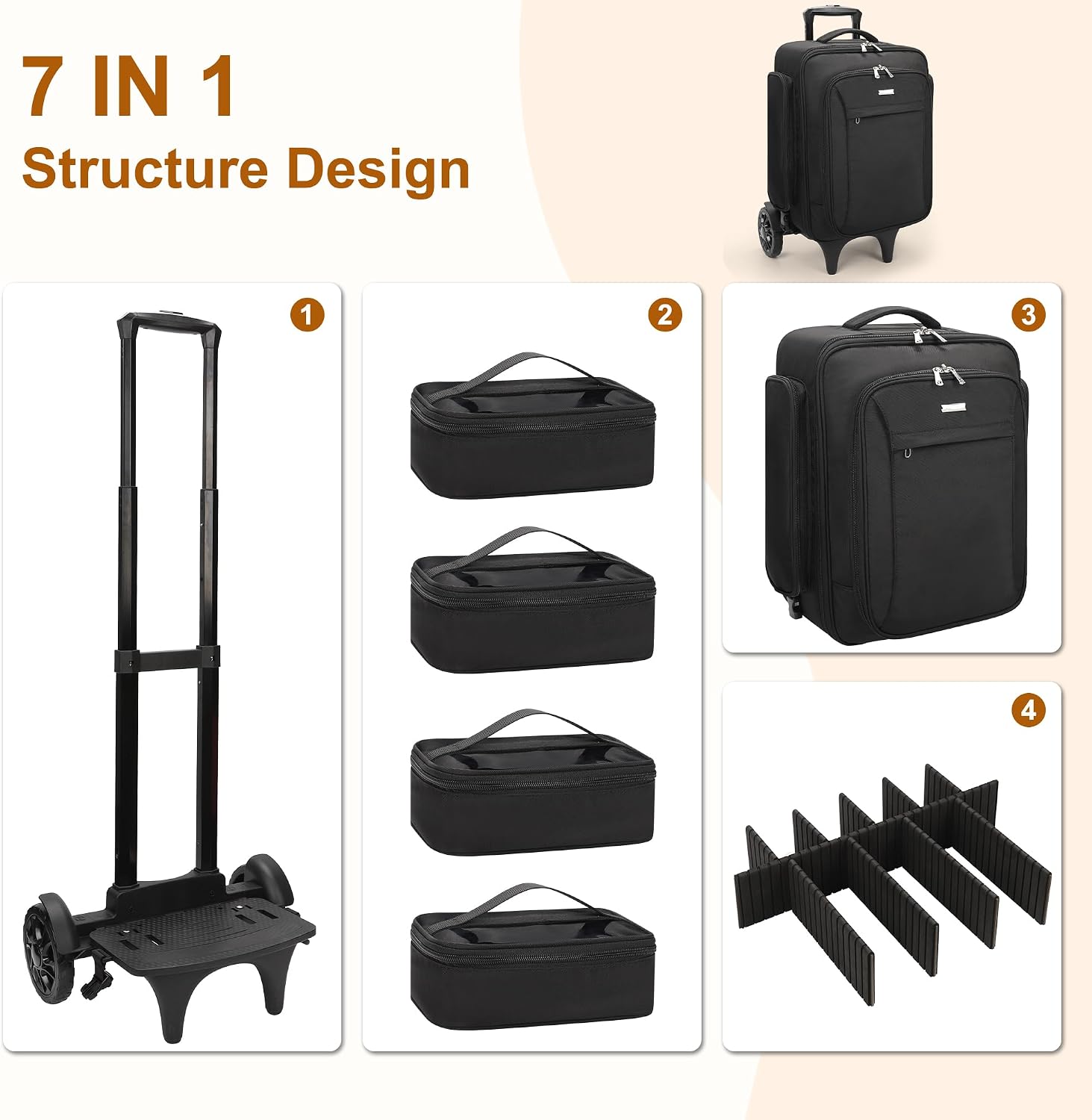 Relavel Rolling Makeup Case with 4 Small Makeup Bags, Large Make Up Travel Organizer with 2 big Wheels, Professional Lockable Makeup Artist Backpack with Adjustable Dividers for Daily Use - Black