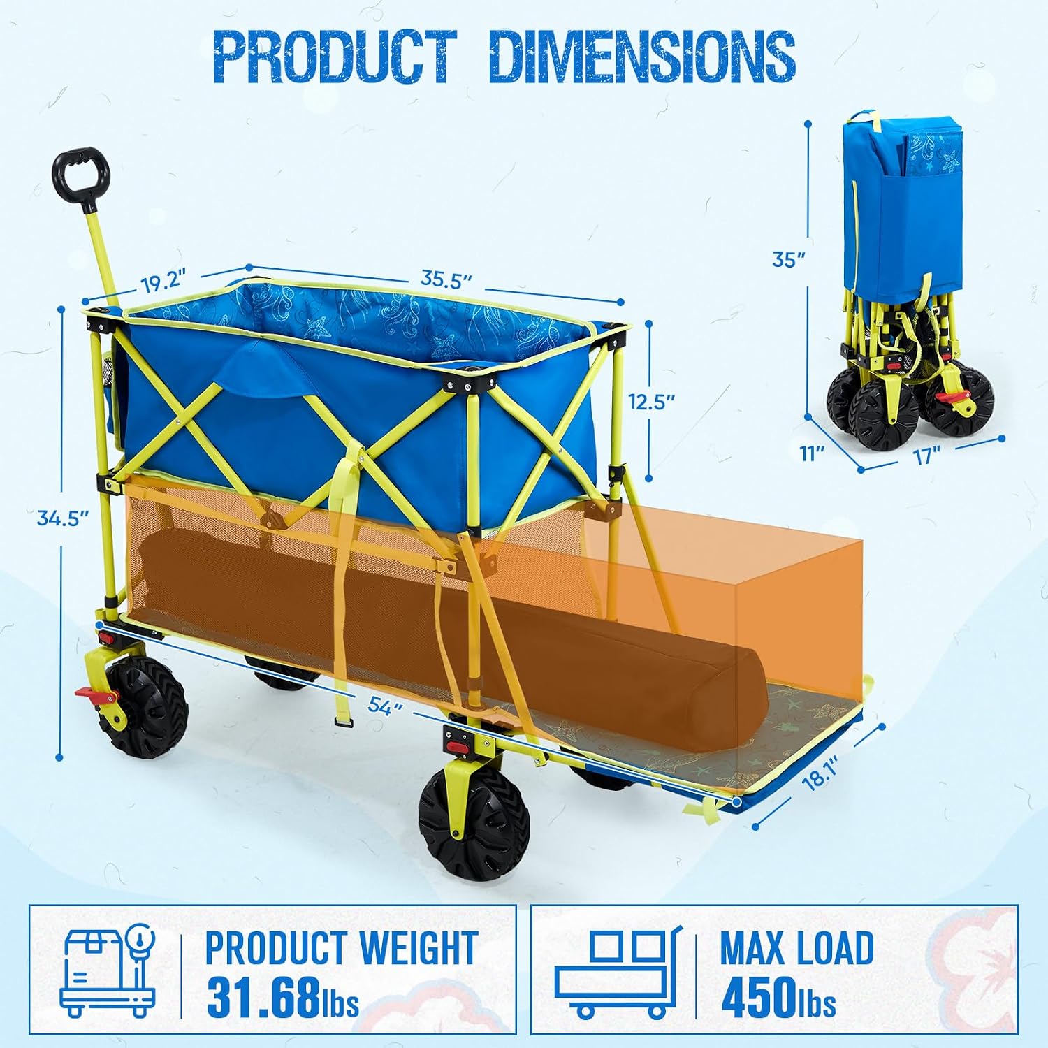 Old Bahama Bay 400L Collapsible Double Decker Beach Wagon with Brakes, Folding Beach Cart with 54' Extra Long Decker, 450LBS Heavy Duty Wagon Chart with All-Terrain Big Wheels for Sand Camping Garden