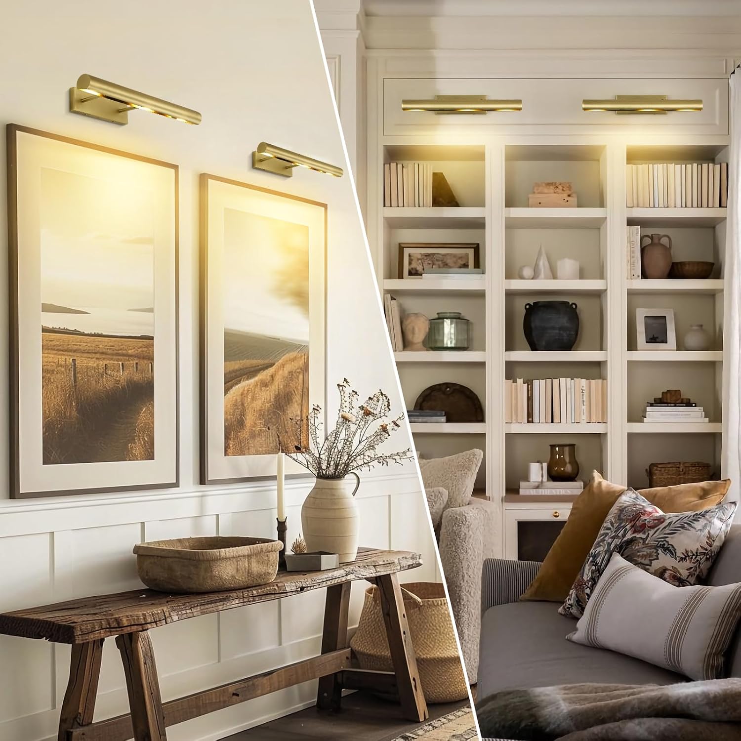 Picture Light, 18inch Brass Picture Lights for Wall,Hardwired Brushed Gold Picture Lights,270° Rotatable Art Lights, 3-Light Picture Frame Light for Painting Display Artwork Portrait