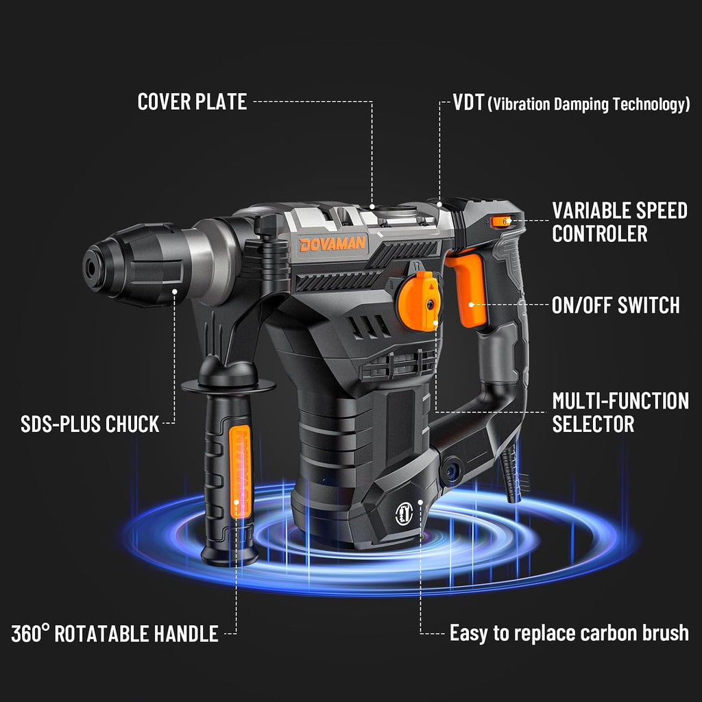 1-9/16'' SDS Rotary Hammer Drill, 12.5Amp Heavy Duty Rotary Hammer with 4 Functions, Safety Clutch, Vibration Control, Corded Hammer Drill for Concrete, Drill Bits and Chisels Included
