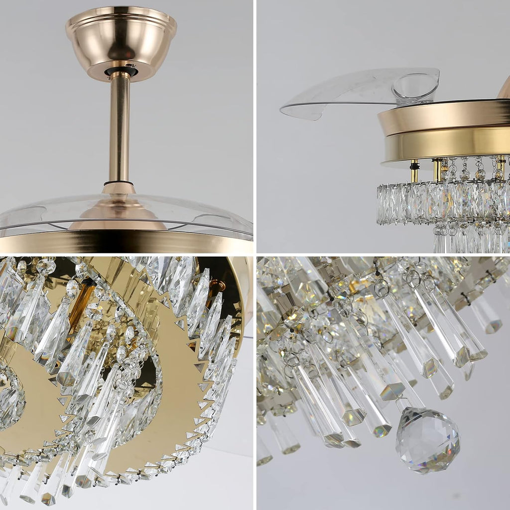 Finktonglan 42' Crystal Gold Fandelier Ceiling Fan with Light, Retractable Blades, Dimmable 60W LED, Remote & App Control, Quiet Reversible Motor, 6 Speeds & Timer, Downrod Mount