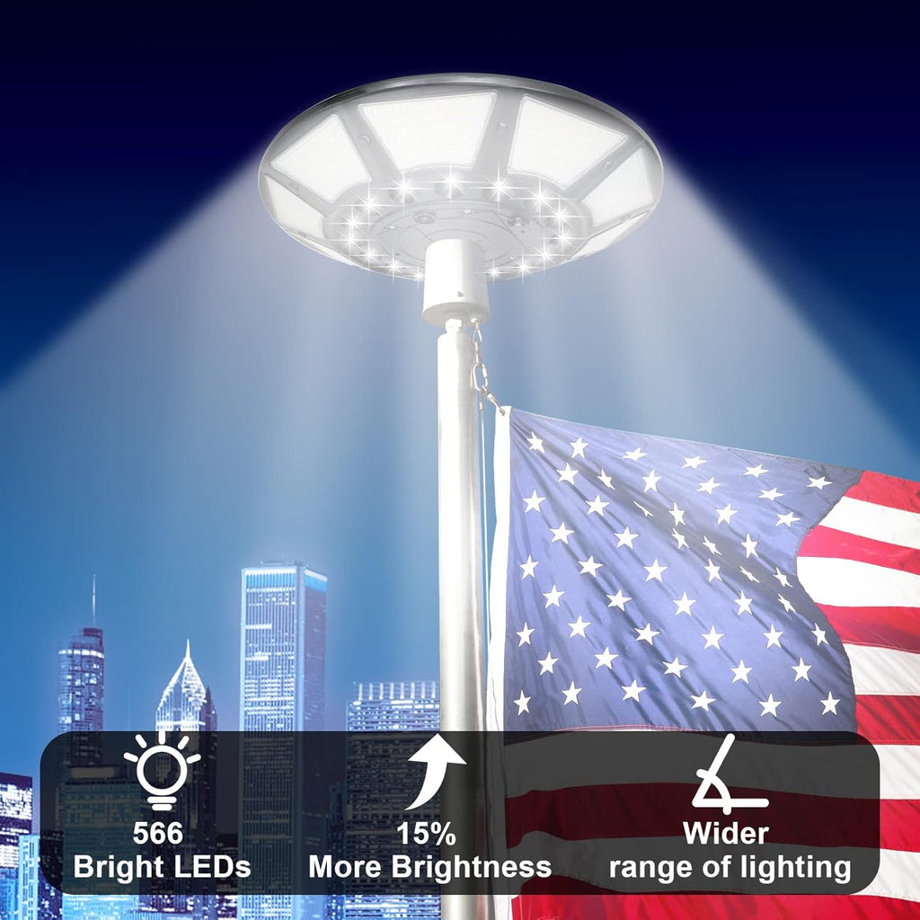 Flagpole Solar Light 6000 Lumens Brightest 566 LED Flag Pole Light Solar Powered with DC Charge Port Last Up to 20 Hrs Outdoor Dusk to Dawn IP67 Waterproof for Most 15 to 40ft Flag Poles