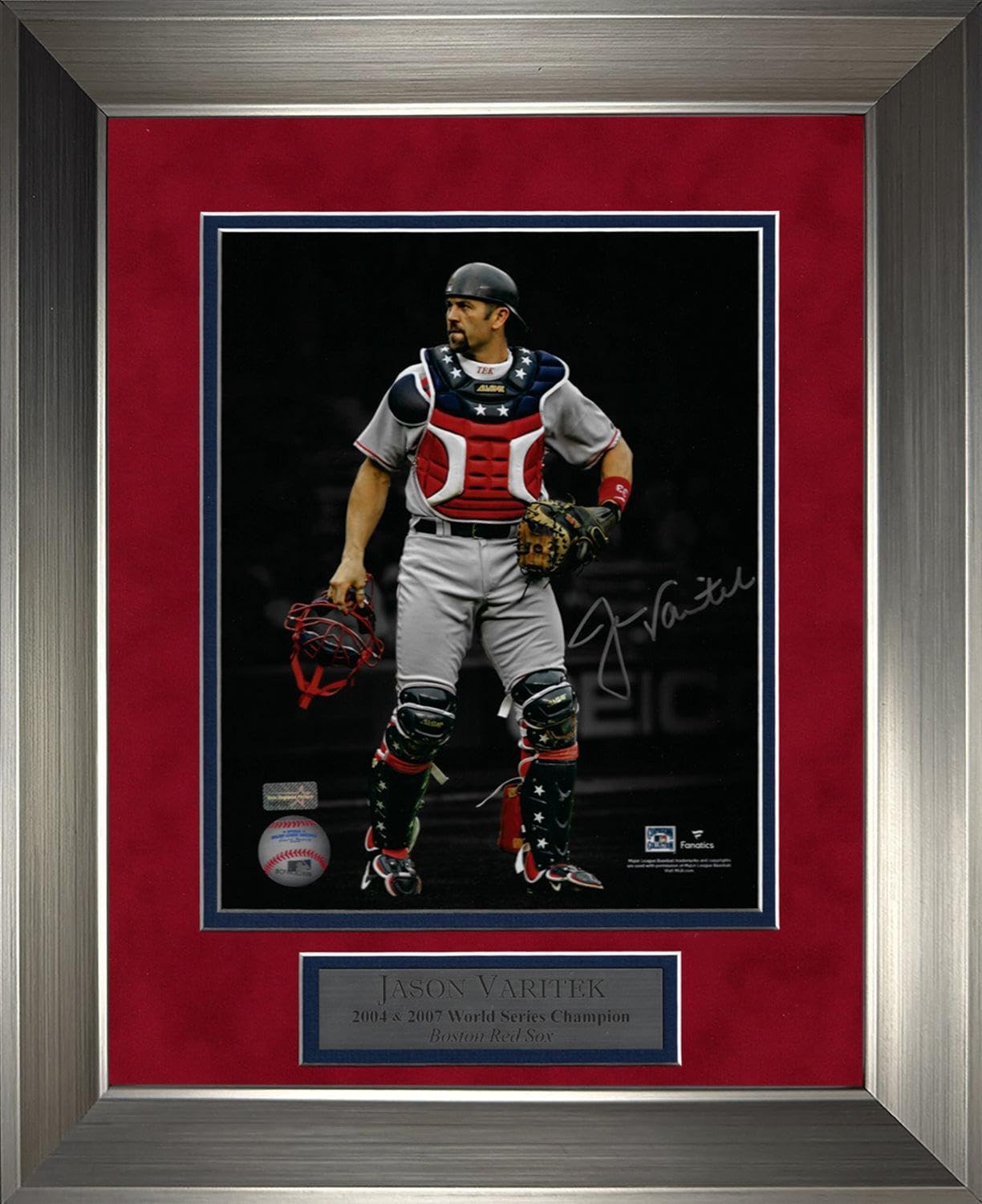 Jason Varitek Autograph 8x10 Photo - Red, White, and Spotlight - Boston Red Sox - Framed 13x16 - New England Picture Authentication - Autographed MLB Photos