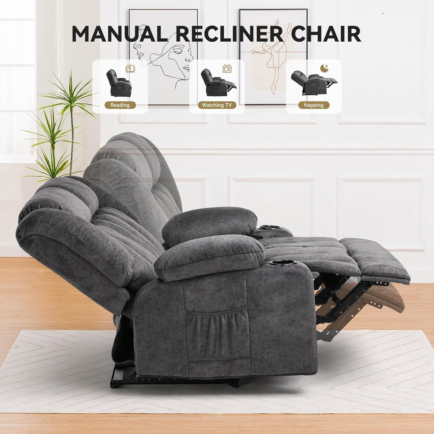 COMHOMA Living Room Furniture Sets Manual Recliner Loveseat,2 Seat Fabric Reclining Sofa,Ergonomic Backrest with Cup Holders&Side Pockets,Daul Recliners for Living Room,Meeting Room,Dark Gray(2)