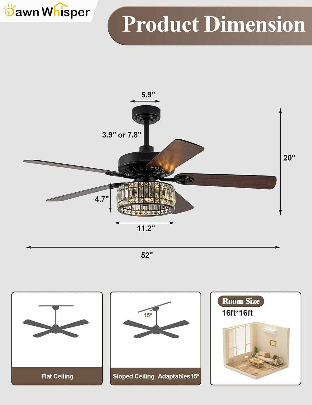 Dawn Whisper 52 Inch Black Crystal Chandelier Ceiling Fans with Lights Modern Farmhouse Vintage Ceiling Fans for Living Room Bedroom Quiet Reversible DC Motor 6 Speeds 3*E26 Light Bulbs Base