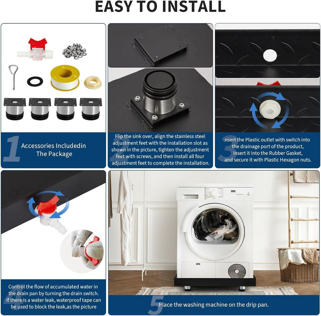 GarveeTech 2025 NEW Heavy-Duty Carbon Steel Washing Machine Pan with Connector & Hole - 27 in x 25 in × 2 in Rust-Free Water, with 4 Anti-Vibration Feet, Protects Floor From Water Damage Protection