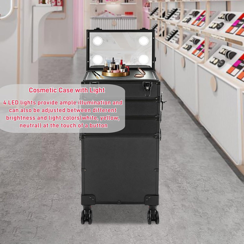 Rolling Makeup Case with Lighted Mirror, 5 in 1 Train Case on Wheels Large Beauty Salon Luggage Cosmetic Trolley for Cosmetology Nail Tech Hairstylist, Black