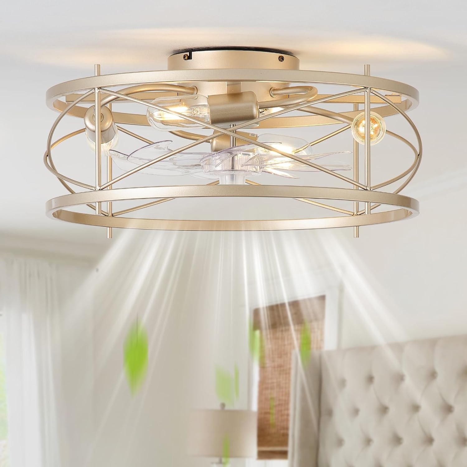 20' Gold Flush Mount Ceiling Fans with Lights, Gold Caged Ceiling Fans with Light and Remote, Bladeless Ceiling Fan with 6 Speeds for Bedroom, Living Room, Nursery